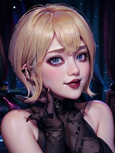  Pretty girl short blond hair with blue eyes pink cheeks full lips and dark makeup cute face looking at the spectator, light smile hands on chin , fangs yaeba vampire, 