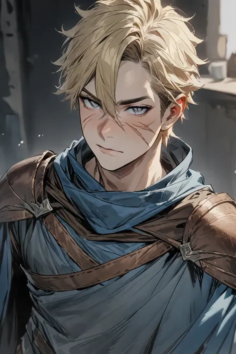 man ,Male blonde, Grey eye , friendly, DND clothes, cloak, Loose good clothes, Leather Armor, black brown and blue colors ,big scar , ( masterpiece), ( best quality), ( ultra detailed )