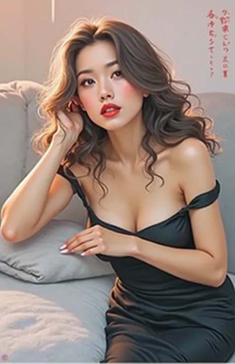 Realistic images、 Japanese、40 years old、Mature Woman、singer、 slightly chubby、 black dress、Shoulders out、Im wearing sexy makeup、 wavy hair 、