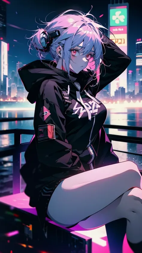 An anime girl is sitting on the edge of the city at night,  cyberpunk anime girl  in hoodie, Anime Style 4 k,  cyberpunk anime girl ,  anime cyberpunk  art, Anime Style. 8k, Nightcore,  Digital Cyberpunk - Anime Art , digital Cyberpunk anime art, Of those ...