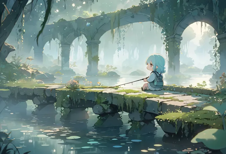 masterpiece, best quality, ultra-detailed, pastel tones, long shot,chibi, masterpiece, best quality, 8k, highres, ultra-detailed, chibi, 1girl, back view, long hair, pastel hair color, holding fishing rod, enjoying fishing, ancient bridge, moss covered, ov...