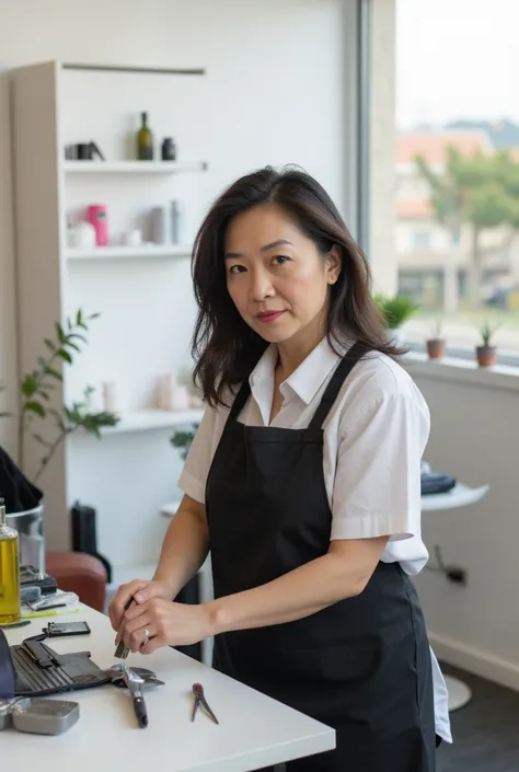 A Japanese female beauty salon owner in her late 40s with a stern expression looking busy in a small white, modern beauty salon