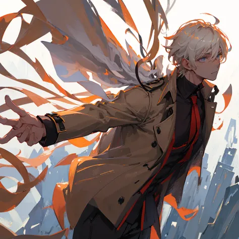  A man in a brown trench coat,( alone),Handsome, Sunshine ,There are flames all around ,gorgeous,White short hair,Domineering,(( pure white background ))