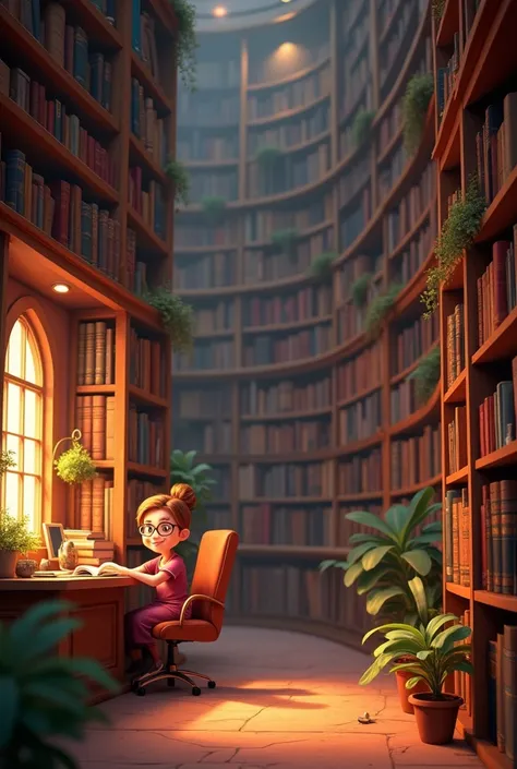  a library ,  with lots of book shelves , a librarian,  sitting at a table at the entrance to the library, everything is very beautiful , well organized, Pixar style