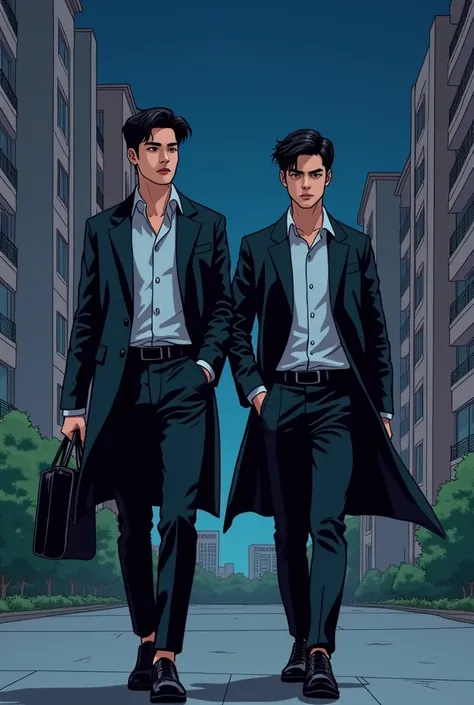 A comic manhwa-style nighttime scene of upscale neighborhood in Seoul. A fair skinned black hair tall handsome korean idol Mingyu is dressed in a sleek and stylish Korean pop idol outfit, smiling as he walks. stepping out of his apartment building with his...