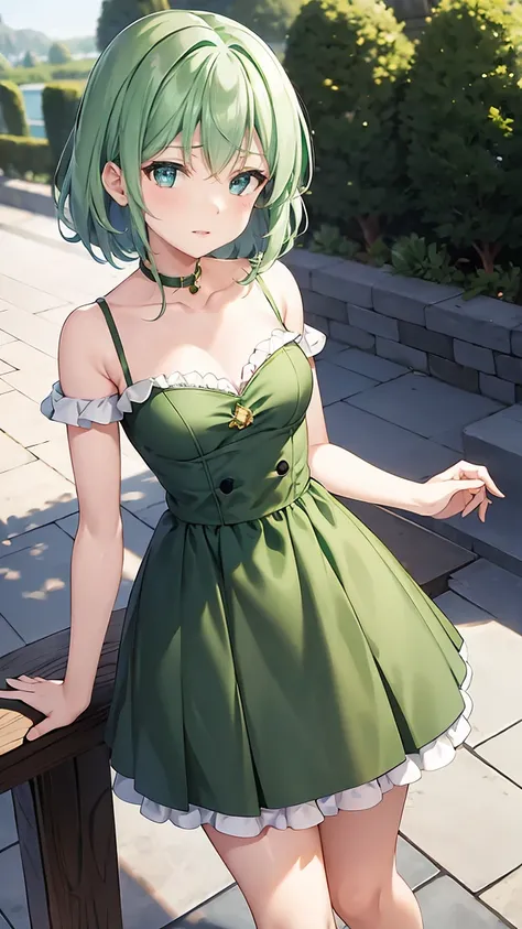  shoulder-length green hair,  small size breasts, Small breasts、Green Eyes, 、(((Ladylike))), full body from head to toe 、 Randomly create clothes, hairstyle, facial expressions, poses, locations, and backgrounds、 imaginary、Draw from a random angle 、Age is ...