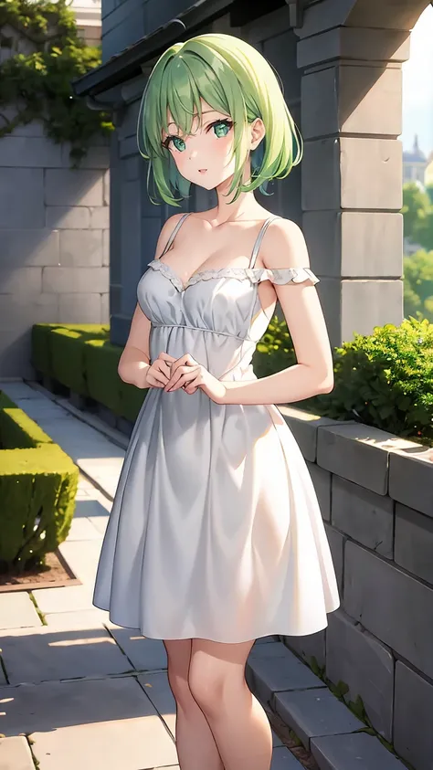  shoulder-length green hair,  small size breasts, Small breasts、Green Eyes, 、(((Ladylike))), full body from head to toe 、 Randomly create clothes, hairstyle, facial expressions, poses, locations, and backgrounds、 imaginary、Draw from a random angle 、Age is ...