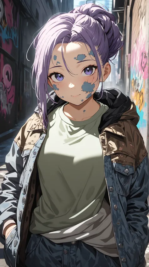 1 girl, ( cute face),  ponytail, to many hairstyle,  street style clothes , Tattered Jacket,  Pottery skin ,  medium breasts, break, City Alley, (Cool light:1.1),  artistic atmosphere, break, Graffiti Background, Free Expression , underground setting ,  Ch...