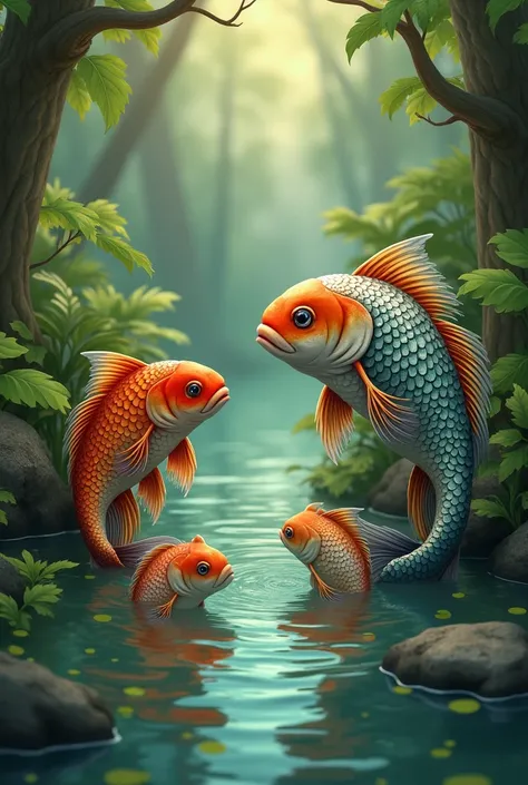 The wise fish is talking. 3 fish in the pond in the forest.