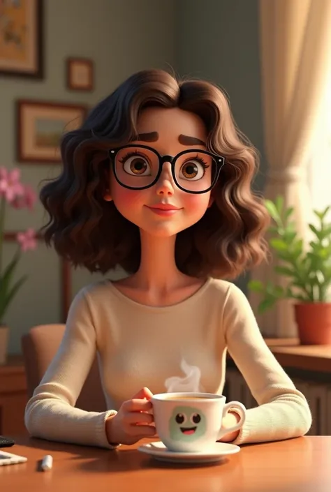 I want a young woman with curly blonde hair

Brunette with glasses 
Pixar-style with a coffee mug in hand
