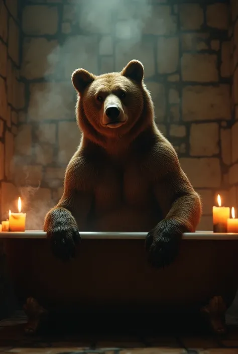 Bear sitting in the bathroom by candlelight