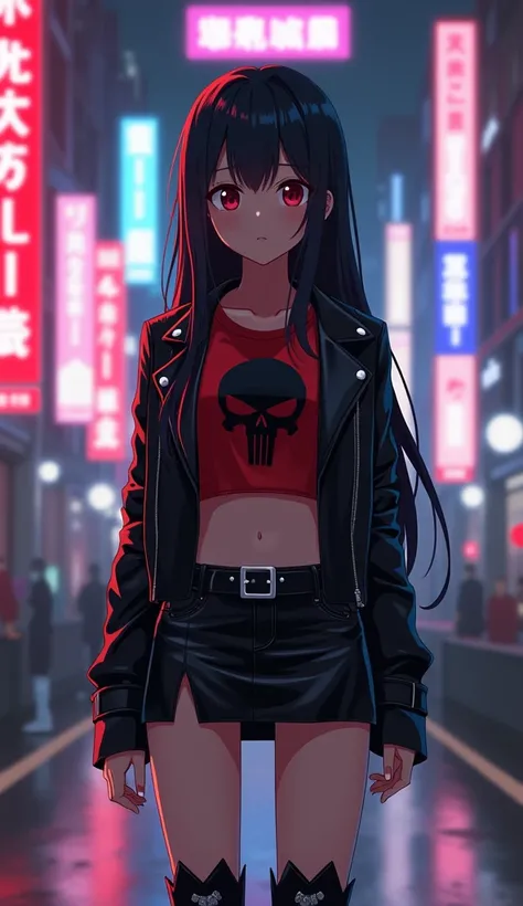 An anime-style screenshot of a young woman with long black hair and red eyes, wearing a black leather biker jacket, red crop top with a black skull imprinted, black vinyl mini skirt, and black leather cowboy boots with a red trim. The image is drawn in a J...