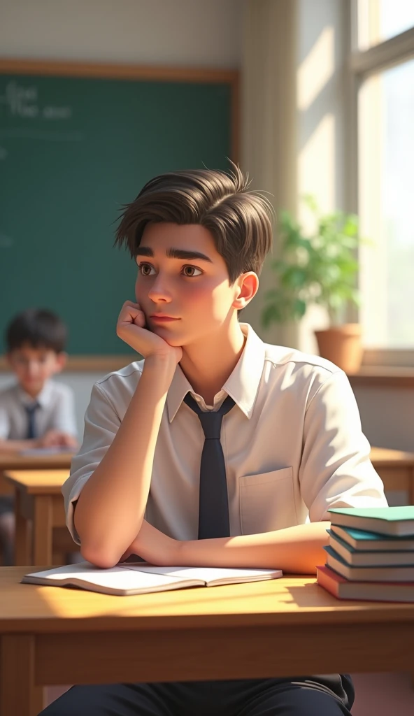 "A handsome teenage boy with short, neatly combed hair, wearing a clean white school shirt with a tie, sitting at a wooden desk in a bright, well-lit classroom. The classroom has large windows letting in sunlight, a chalkboard at the front, and books on th...