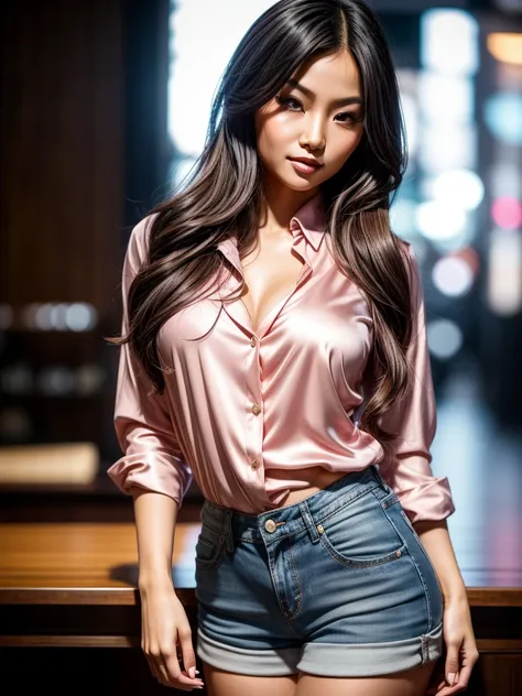 sexy asian woman, long wavy hair, high arched eyebrows, seductive look, light pink low-cut silk blouse, denim fitted hotpants, stilettos, midnight modern metropolis, spot lighting, backlight on hair, shallow depth of field, bokeh,