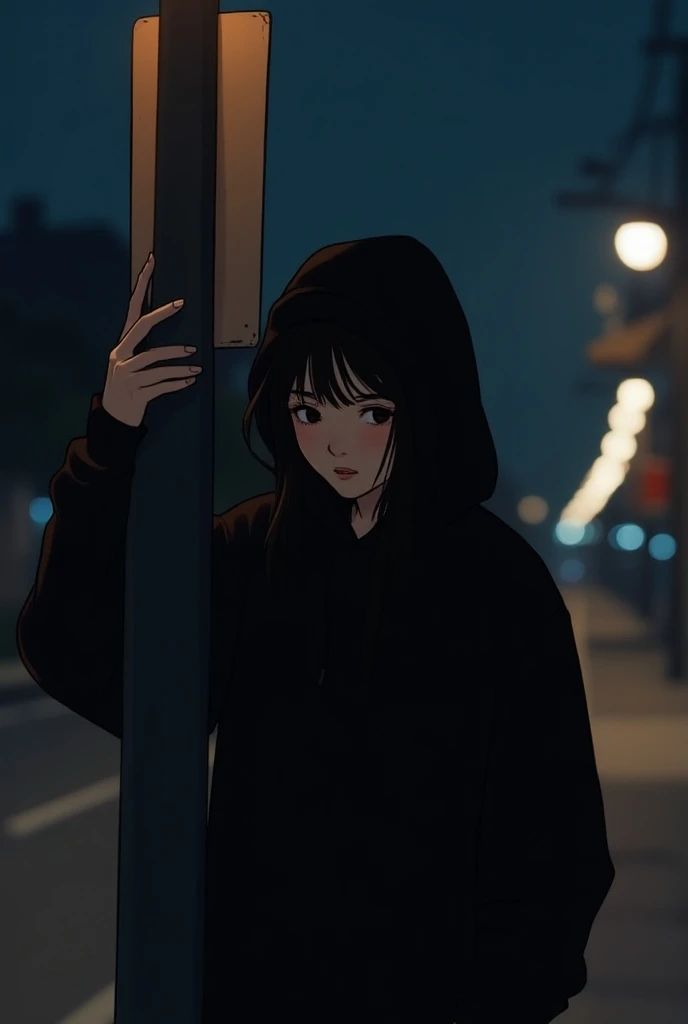 A korean comic manhwa-style nighttime scene of an upscale neighborhood in Seoul, a pretty korean black eyes suspicious woman wearing black hoodie Hirai, hiding behind a lamppost, gasps softly, her hoodie shadowing her face as she lifts her phone to snap ph...