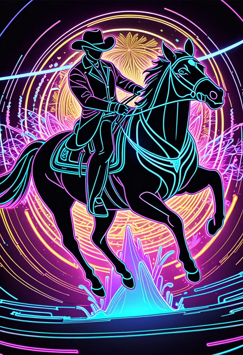 line art, iridescent fluorescence neon light effect, western cowboy, 2.5D, delicate and dynamic, best quality