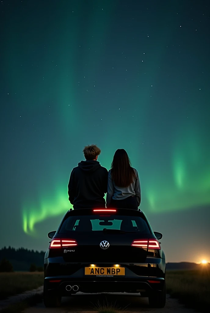 Capture a vast, stunning star lit night sky with hues of green and purple. Show the silhouette of a couple sat close together, sitting on top of the roof of a sportyblack VW TDI thats parked under neath the dark sky. He has blonde hair and is wearing a dar...