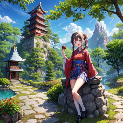 Chestnut Hair、 blue eyes、 with hair tied 、Two cute、 Plaid Mini Skirts、 BLACK T-SHIRT、 Long Sleeve 、kimono、striped high socks、Teeth are visible、lawn、The stone is cracked、Uneven ground、The road is curved、View from above、Large autumn tree、Mountain々、 fence、iso...