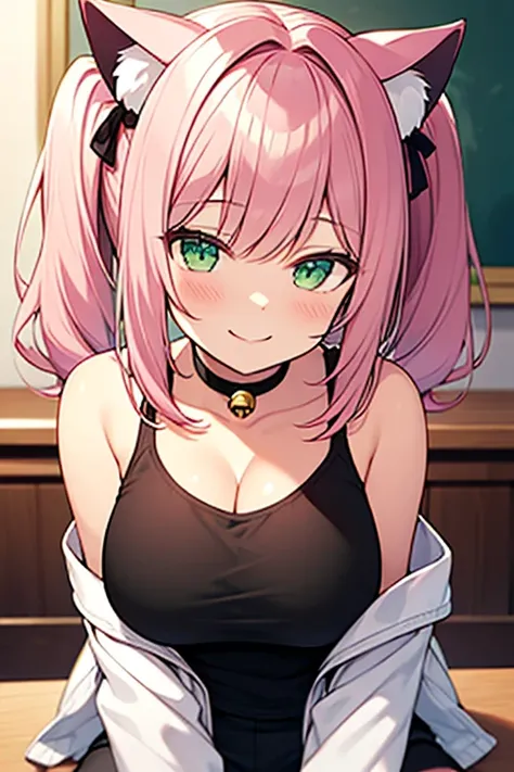 cat ears, pink  hair, twin tails, big breasts, cleavage, green eyes, smiling, black choker with a bell, black camisole, white jacket, sitting, angle from the front, ((masterpiece)), ((best quality)), ((highly detailed))