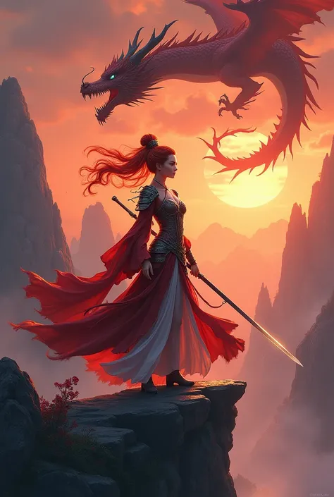  A beautiful female warrior with fiery red hair, wearing a mix of traditional Chinese armor and flowing robes, standing at the edge of a cliff in a Donghua-inspired style. The wind blows dramatically as her hair and clothing billow. The background is a viv...