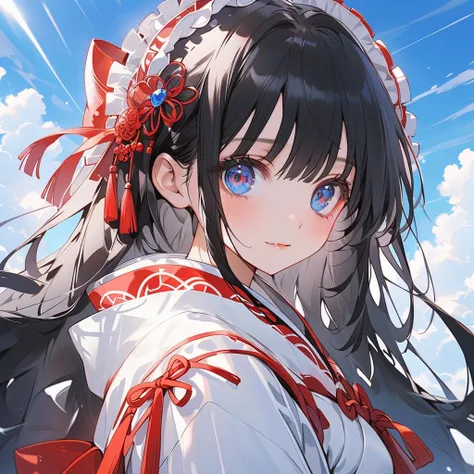 ( 1 girl), Short black hair,  cute face, Beautiful Skin,  shiny hair,  super detailed eyes ,Small breasts,White Shrine Maiden Outfit 、 Black Pleated Skirt、blue sky,front、 cowboy shots:1.5、