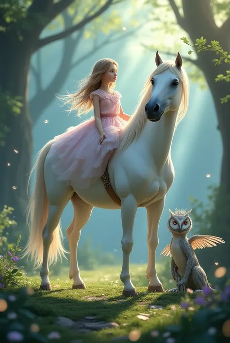  A fairy tale where a girl has a beautiful white horse, an owl sits on its shoulder  ,  and a big white-purple dragon lies near its feet.