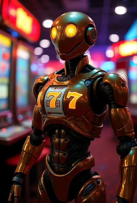 "A humanoid slot machine with spinning reels as eyes, glowing symbols like cherries and sevens on its chest, metallic gold and silver skin, and mechanical arms. The figure stands in a neon-lit casino environment, radiating excitement and mystery.