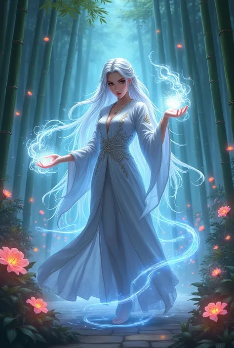 A mystical female sorceress in a Donghua-inspired bamboo forest, her long silver hair glowing with soft ethereal light. She’s casting a spell, with swirling energy lines radiating from her hands. Her robe, adorned with intricate patterns, shimmers with a m...