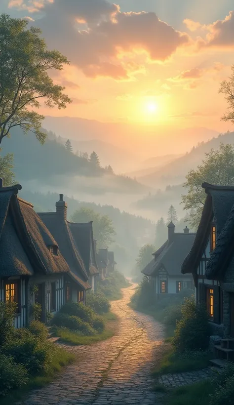 Scene 1:

Picture : The morning of a beautiful village, where the fog is shrouded and the sunlight is spreading.