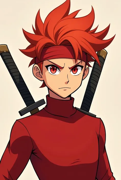 A flat 2D male character whose age is approximately s with the following characteristics:  short red hair , hero style ,  red eyes and a challenging look
Clothes : swords on the back,  red turtleneck and a red headband .  A Ban-style character 