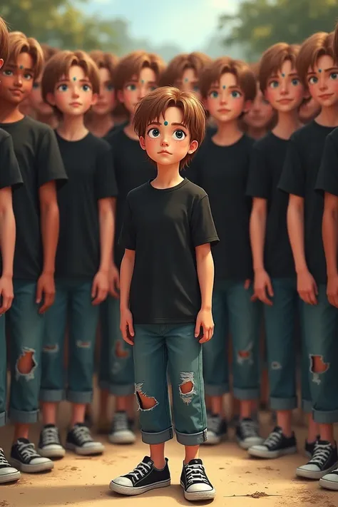  Make 16 peasant with light brown hair and blue eyes .  Hes supposed to have a black T-shirt and jeans with holes and round ikulars ON THE FOREHEAD and sports black and white shoes. Its supposed to be 2D and one boy 