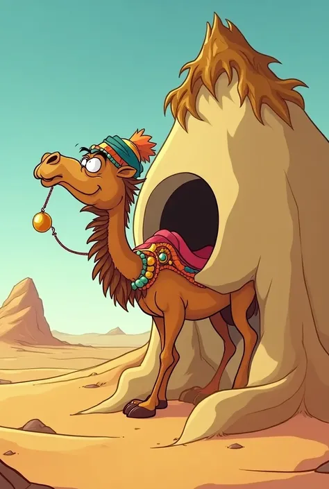 A Looney Tunes style cartoon of a camel wearing a turban and jewels. The camel is attempting to pass through a giant needles eye. The background is a desert. The agulha esta deitada fora da areia e o camelo esta entalado no buraco da agulha.The image has v...