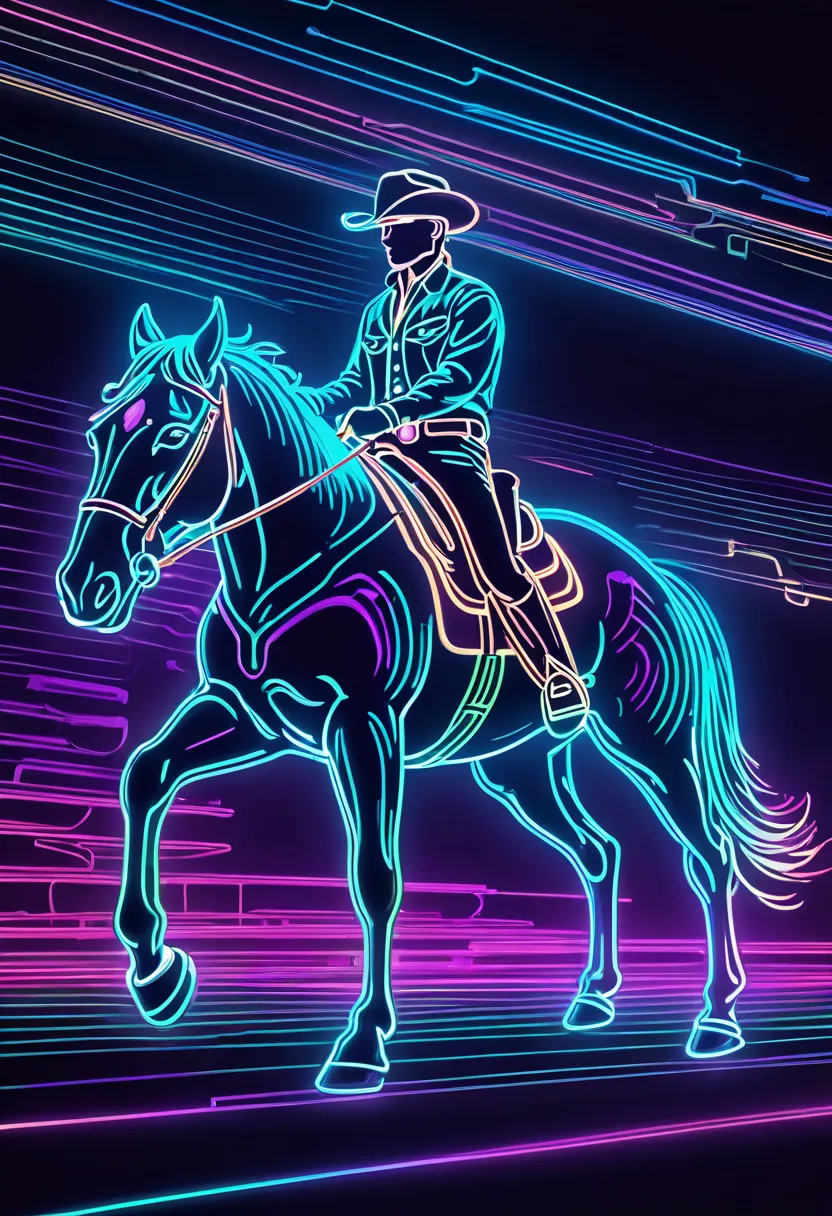 line art, iridescent fluorescence neon light effect, western cowboy, 2.5D, delicate and dynamic, best quality