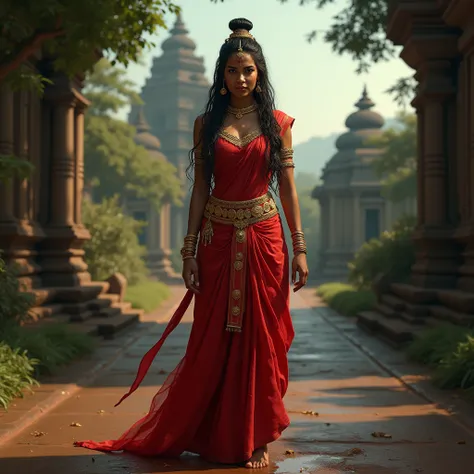 violent looking woman named Draupadi in red traditional Indian dress with a red bindi on her head very long hair Messi, standing barefoot, wearing gold anklets standing on a road with temples and shady trees on the side of the road, a flat, worn face with ...