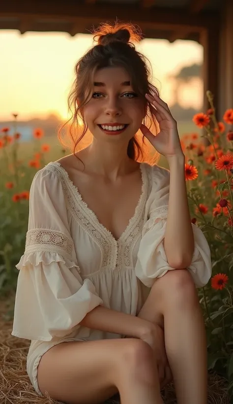 A portrait photograph captures a young woman seated on a bale of hay in a rustic setting during sunset. The scene is bathed in warm, golden light that creates a serene and contemplative mood. She is positioned slightly off-center to the right, facing the c...