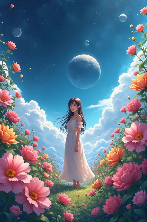 There is a decorative flower garden around,outer space,mature girl,anime