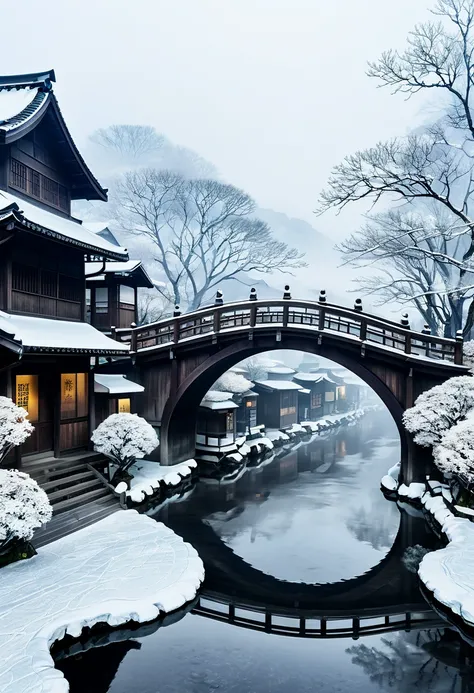 Niseko Town Village  「Ancient bridge in thick fog」更加濃厚 濃濃朦胧的雾气 廣角 古村落雪村美景 中式雪村風景 Niseko Town Village  古樹 「Ancient bridge in thick fog」  Old town village drawing an ancient wooden arch Exquisite artistic details of the view of the bridge in the hazy haze, t...