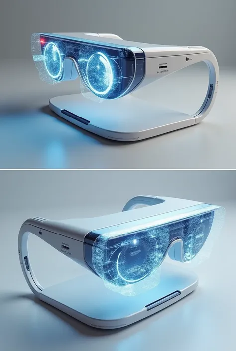 A high definition 3D concept design for a pair of smart glasses that transform thoughts into visual image projections. There should be multiple angles and no background. The design should be futuristic showcasing holographic projection feature