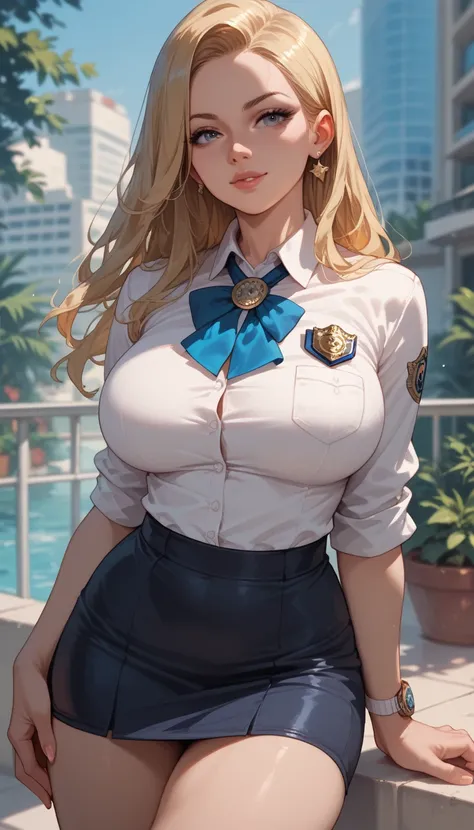 A young business woman in a short skirt suit, long straight blonde hair, large breasts, badge on her neck, 