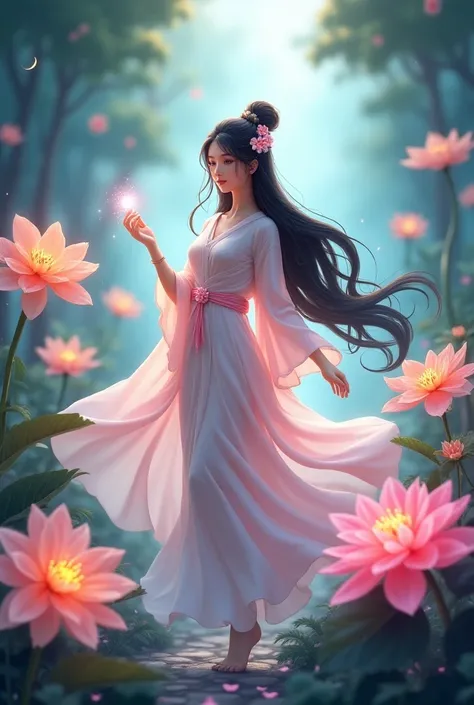 A graceful female healer, depicted in a Donghua style, surrounded by a mystical garden filled with oversized, vibrant flowers and glowing, magical creatures. Her flowing, pastel-colored gown moves in slow-motion as if floating, and her long black hair, ado...