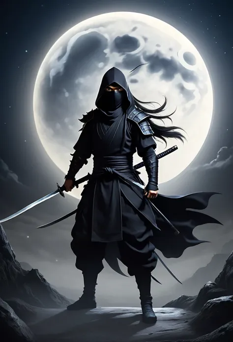  Anatomically correct background, super large night moon surrounded by dark ninja, all black ninja equipment, dynamic swings of swords(Complete long knife) With bright and firm eyes, he held a bright long knife and waved the knife shadow. (The knife shadow...