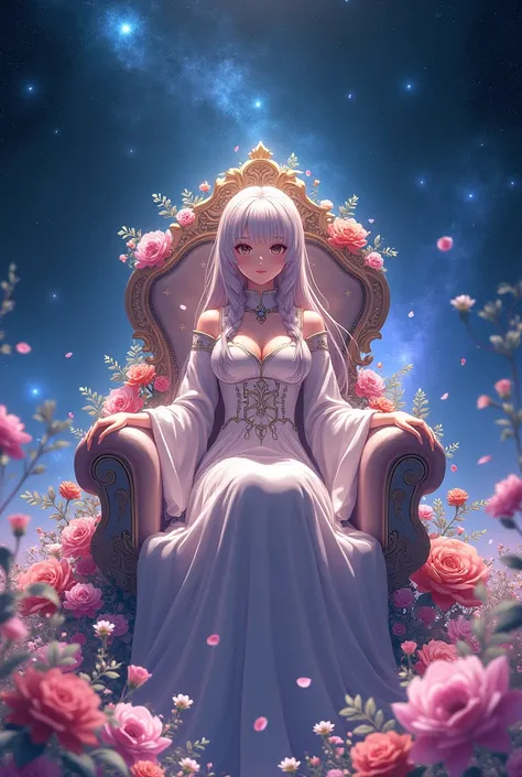 There is a decorative flower garden around,outer space,mature girl,anime,throne