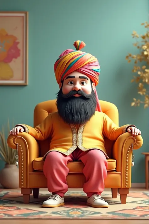 A sofa with a turban on the head and earrings in the ears Dressed in a Punjabi shalwar kameez