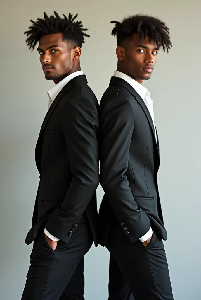 Beautiful twin young brown men blancos wearing a black jumpsuit and white shirt on their backs 