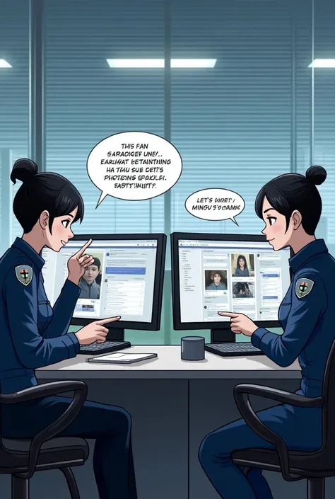 A manhwa-style scene inside a cybercrime unit office, showing two police officers seated at a desk with multiple computer screens. The screens display screenshots of a korean woman named Hirai’s obsessive messages, leaked photos of handsome korean Mingyu, ...