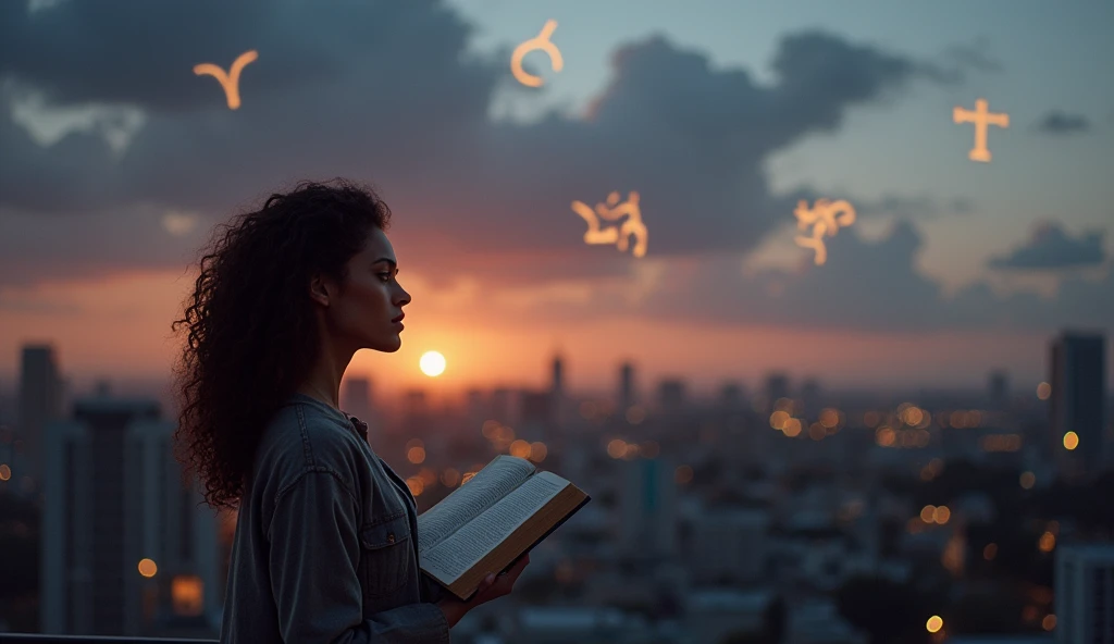 A modern cityscape at dusk with a mystical overlay: faint symbols from the seven seals subtly glowing in the clouds above. The foreground shows a young woman (early 30s, Latina, curly dark hair, brown eyes) standing on a rooftop, looking contemplative, hol...