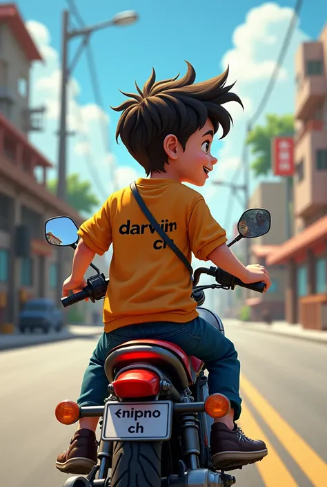 a boy on a motorcycle with a t-shirt or jacket that has his name Darwin Ch on the back