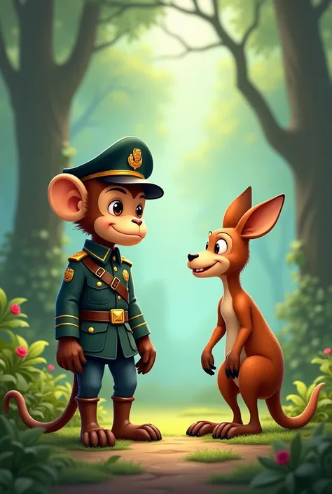 A monkey soldier talks to a kangaroo