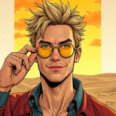 A highly detailed manga-style illustration of a charismatic man with spiky blond hair and blue-green eyes, holding his hand near his round yellow-tinted glasses. His confident expression features a subtle smile. The artwork uses black-and-white hatching fo...