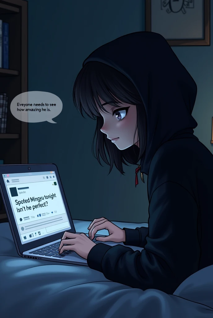 A manhwa-style nighttime scene in Hirai’s a korean woman black hair and eyes and black hoodie in a dark bedroom, where she uploads photos of Mingyu from earlier onto her laptop. 

On the laptop, her post reads: ‘Spotted Mingyu tonight! Isn’t he perfect?’ H...